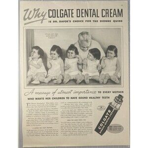 Colgate Ribbon Dental Cream "Choice of Dionne Quintuplets" Vintage Print Ad 1937